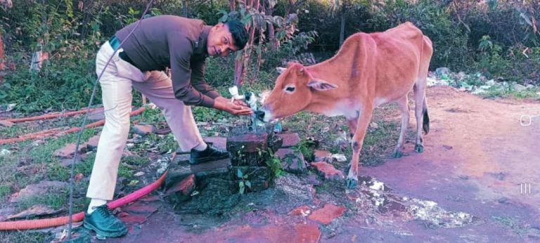 गौ माता को हाथों से पानी पिलाते ,कोरबा पुलिस का जवान  पुनीत कार्य की चारो ओर हो रही प्रशंसा ,